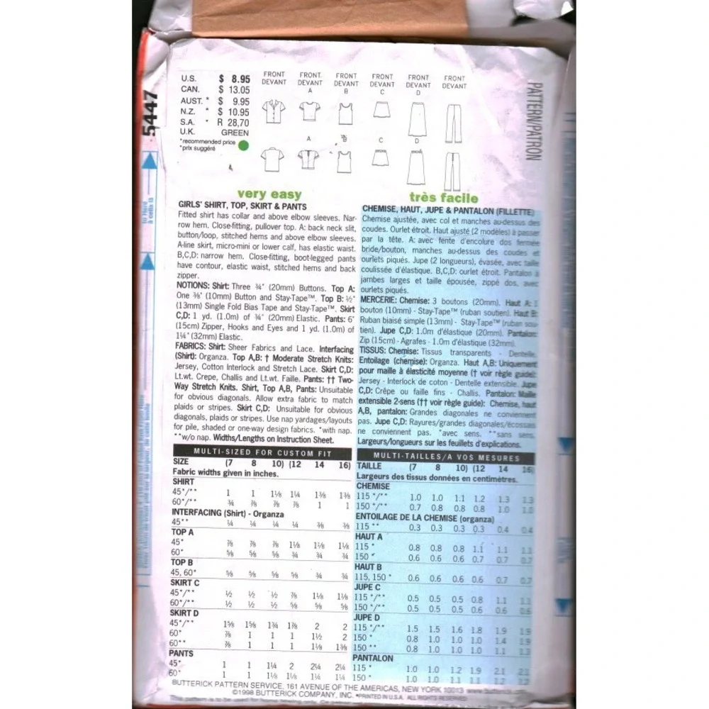 Butterick‎ 5447 Girls Sewing Pattern Shirt Top Skirt Pants Size 12-14-16 Vintage